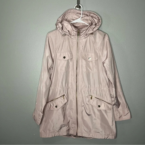 Michael Kors Jacket Women Medium Pink Gold Accents Hooded Zip Up Coat Adj Waist - Picture 1 of 13